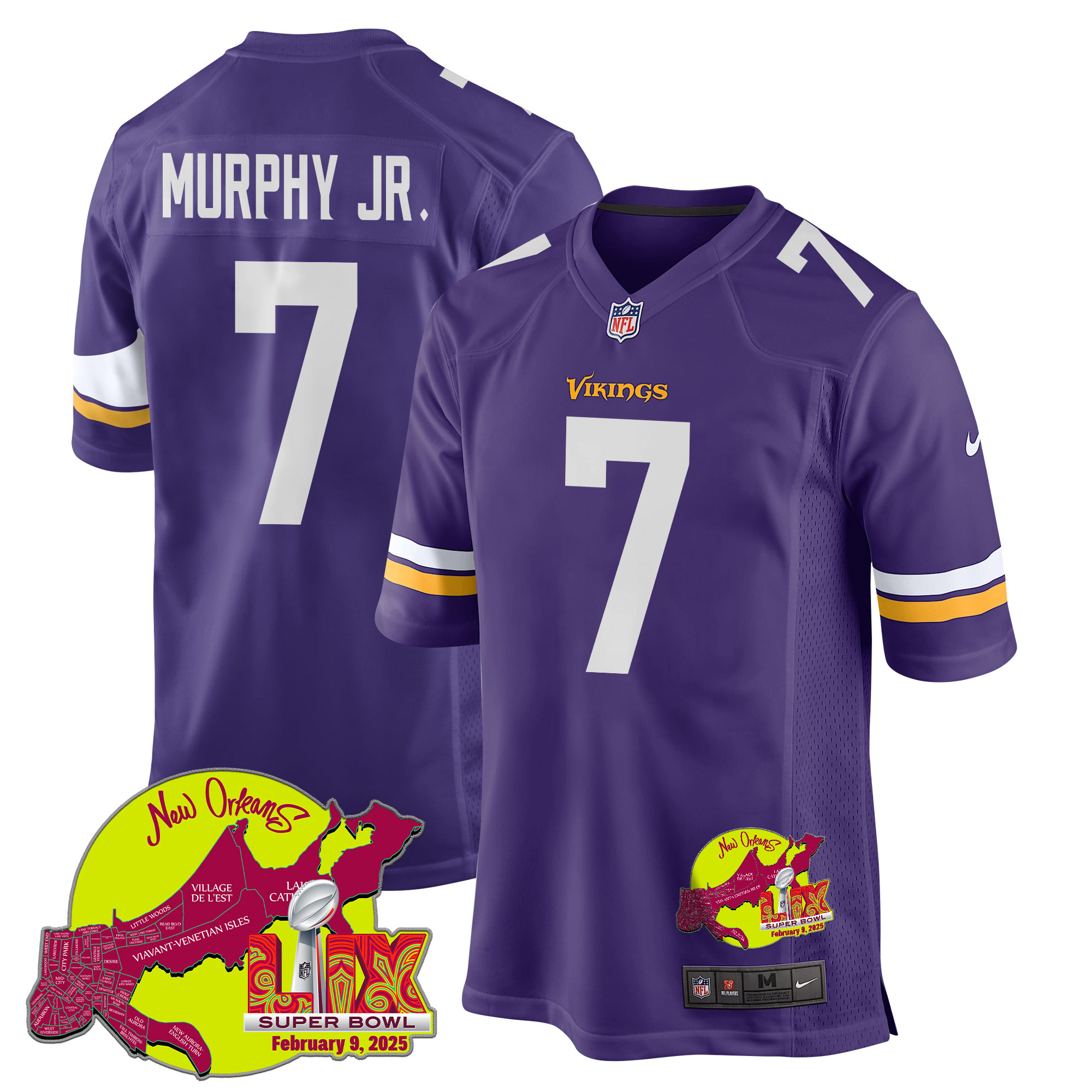 Byron Murphy Jr. 7 Minnesota Vikings Super Bowl LIX New Orleans Patch Game Men Jersey - Purple JS3134 nicesnker