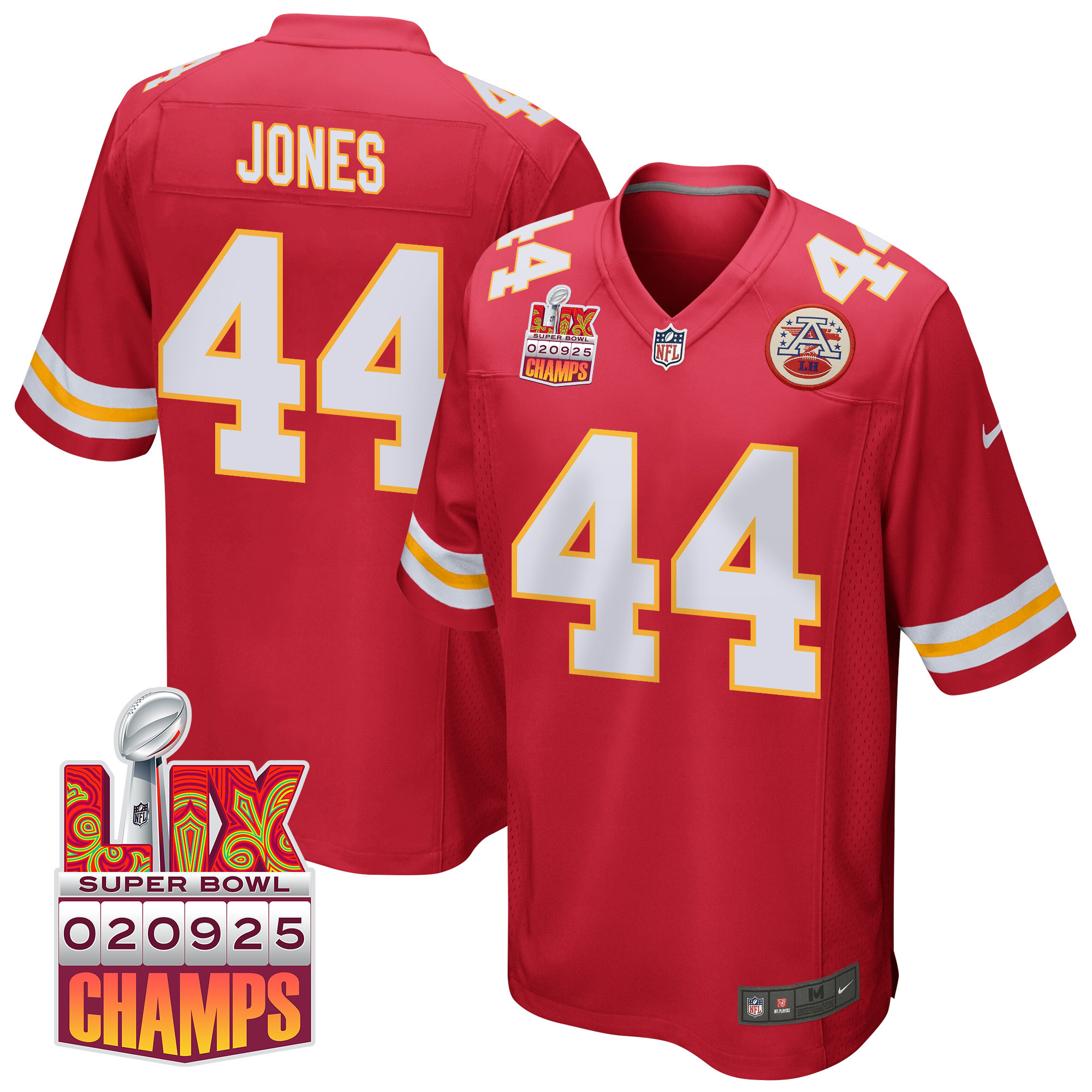 Cam Jones 44 Kansas City Chiefs Super Bowl LIX Champions Patch Game Men Jersey - Red JS7498 nicesnker