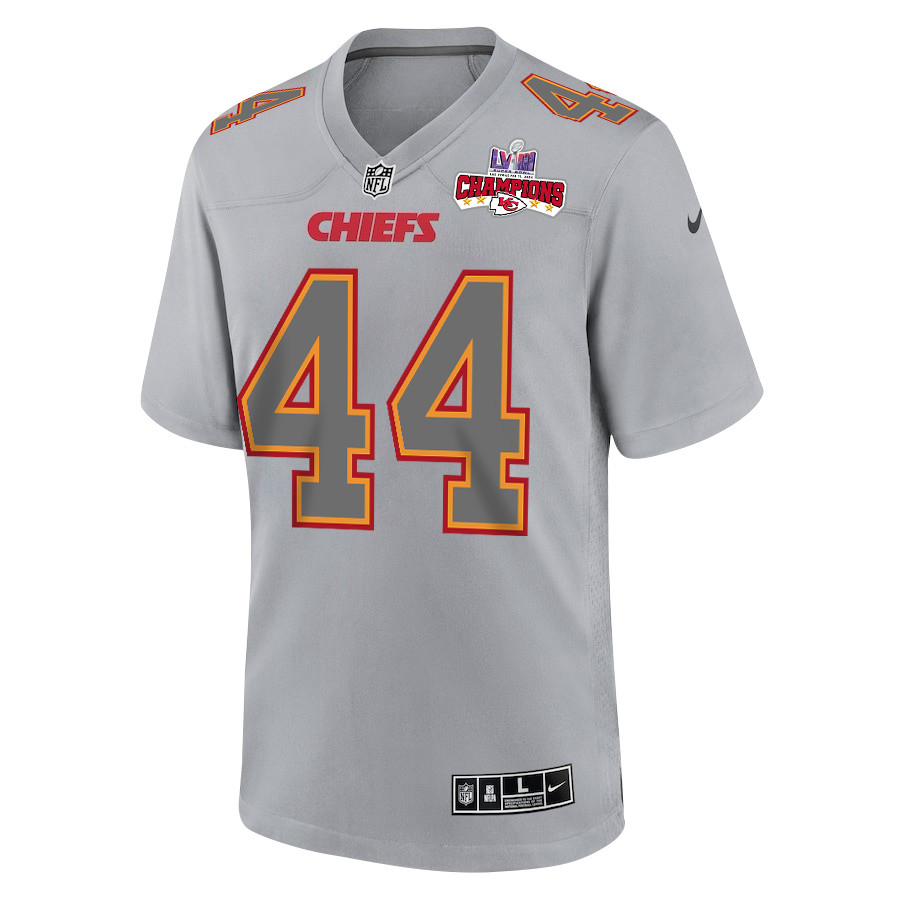 Cam Jones 44 Kansas City Chiefs Super Bowl LVIII Champions 4 Stars Patch Atmosphere Fashion Game Men Jersey - Gray JS1701 nicesnker - Image 2