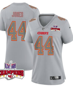 Cam Jones 44 Kansas City Chiefs Super Bowl LVIII Champions 4 Stars Patch Atmosphere Fashion Game Women Jersey - Gray JS4230 nicesnker