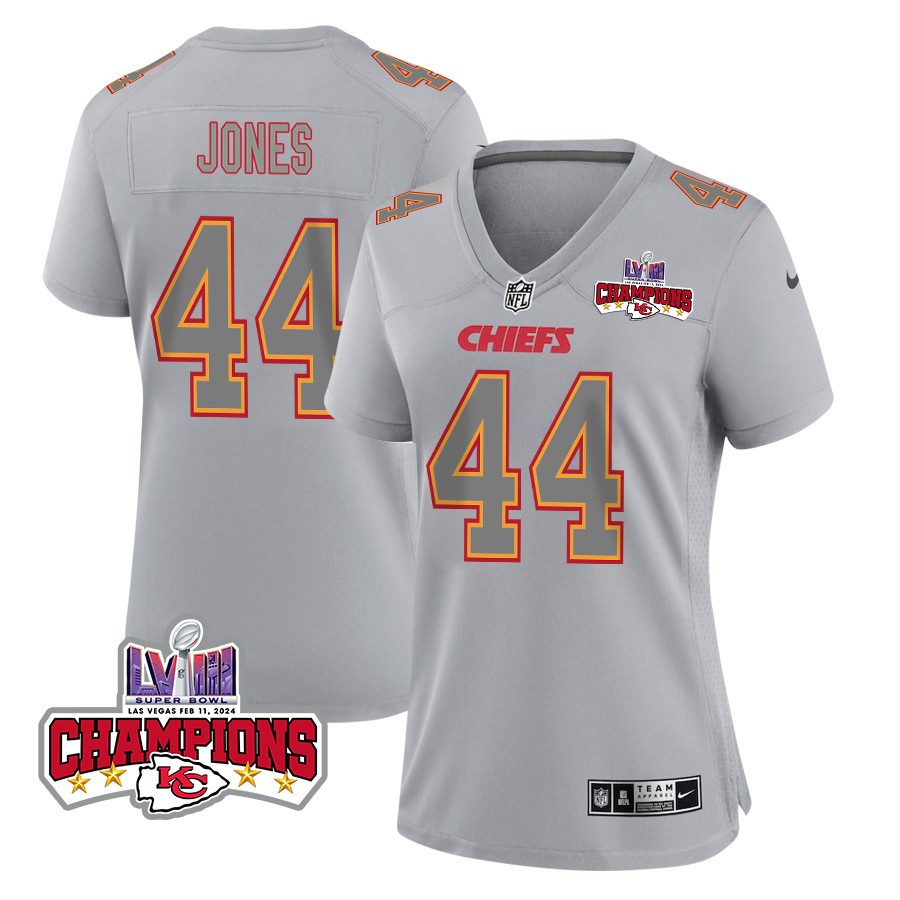 Cam Jones 44 Kansas City Chiefs Super Bowl LVIII Champions 4 Stars Patch Atmosphere Fashion Game Women Jersey - Gray JS4230 nicesnker