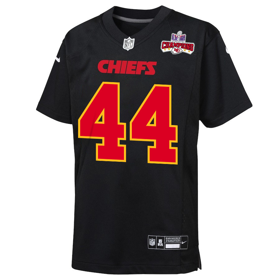 Cam Jones 44 Kansas City Chiefs Super Bowl LVIII Champions 4 Stars Patch Fashion Game YOUTH Jersey - Carbon Black JS6655 nicesnker - Image 2