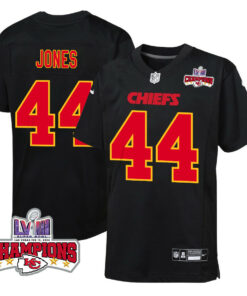Cam Jones 44 Kansas City Chiefs Super Bowl LVIII Champions 4 Stars Patch Fashion Game YOUTH Jersey - Carbon Black JS6655 nicesnker