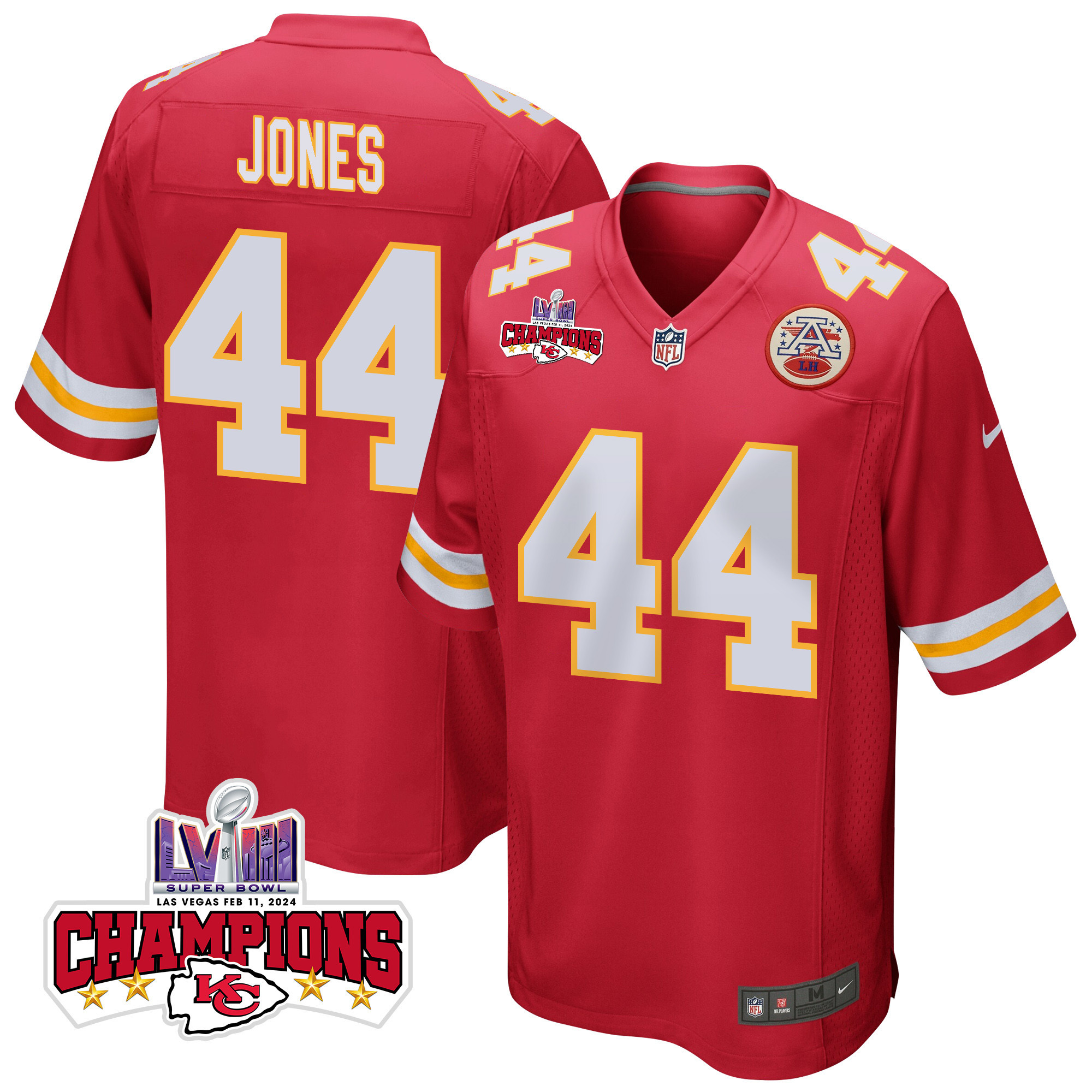 Cam Jones 44 Kansas City Chiefs Super Bowl LVIII Champions 4 Stars Patch Game Men Jersey - Red JS3395 nicesnker