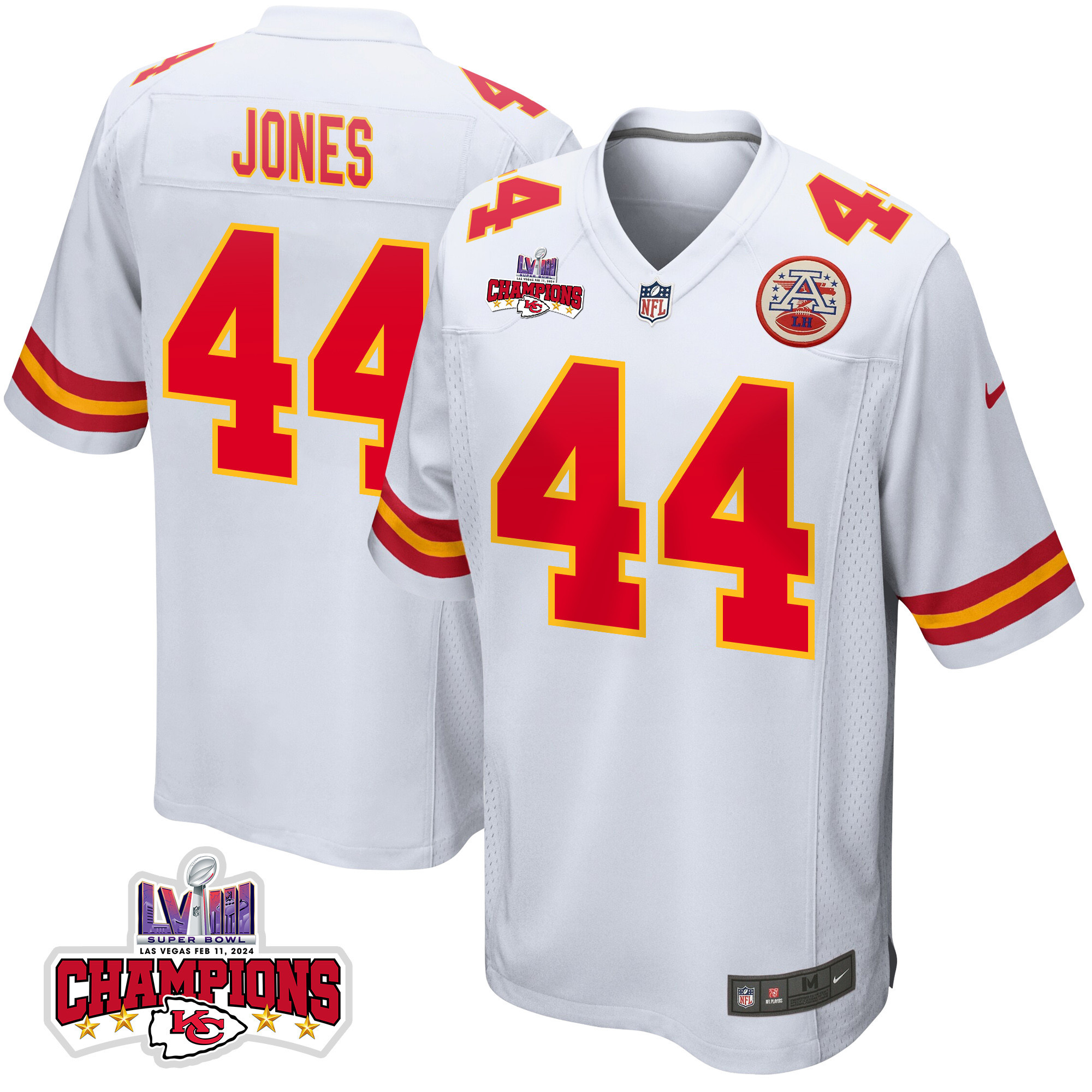 Cam Jones 44 Kansas City Chiefs Super Bowl LVIII Champions 4 Stars Patch Game Men Jersey - White JS5977 nicesnker
