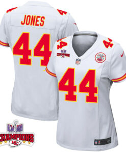 Cam Jones 44 Kansas City Chiefs Super Bowl LVIII Champions 4 Stars Patch Game Women Jersey - White JS1322 nicesnker
