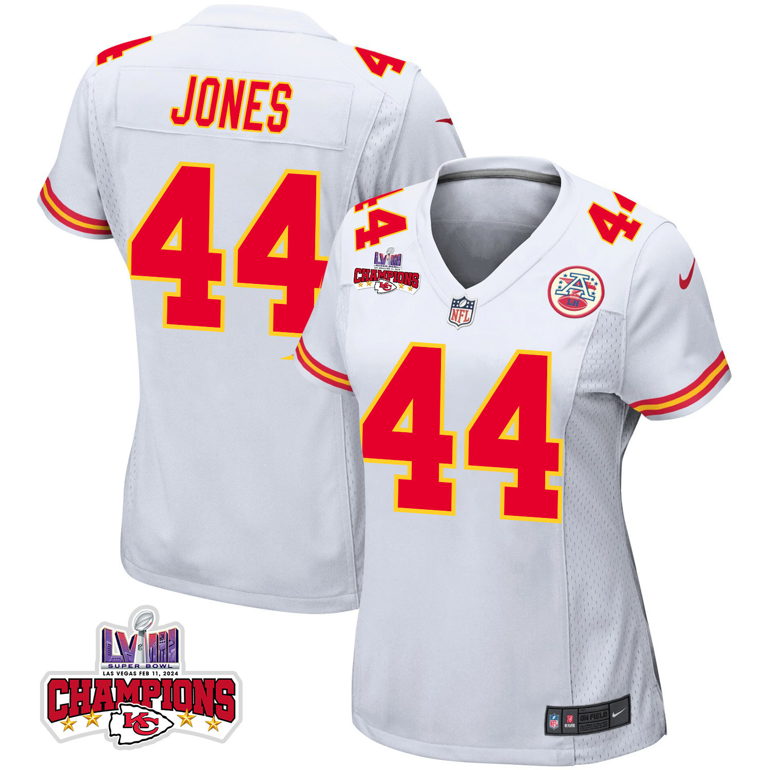 Cam Jones 44 Kansas City Chiefs Super Bowl LVIII Champions 4 Stars Patch Game Women Jersey - White JS1322 nicesnker