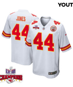 Cam Jones 44 Kansas City Chiefs Super Bowl LVIII Champions 4 Stars Patch Game YOUTH Jersey - White JS8859 nicesnker
