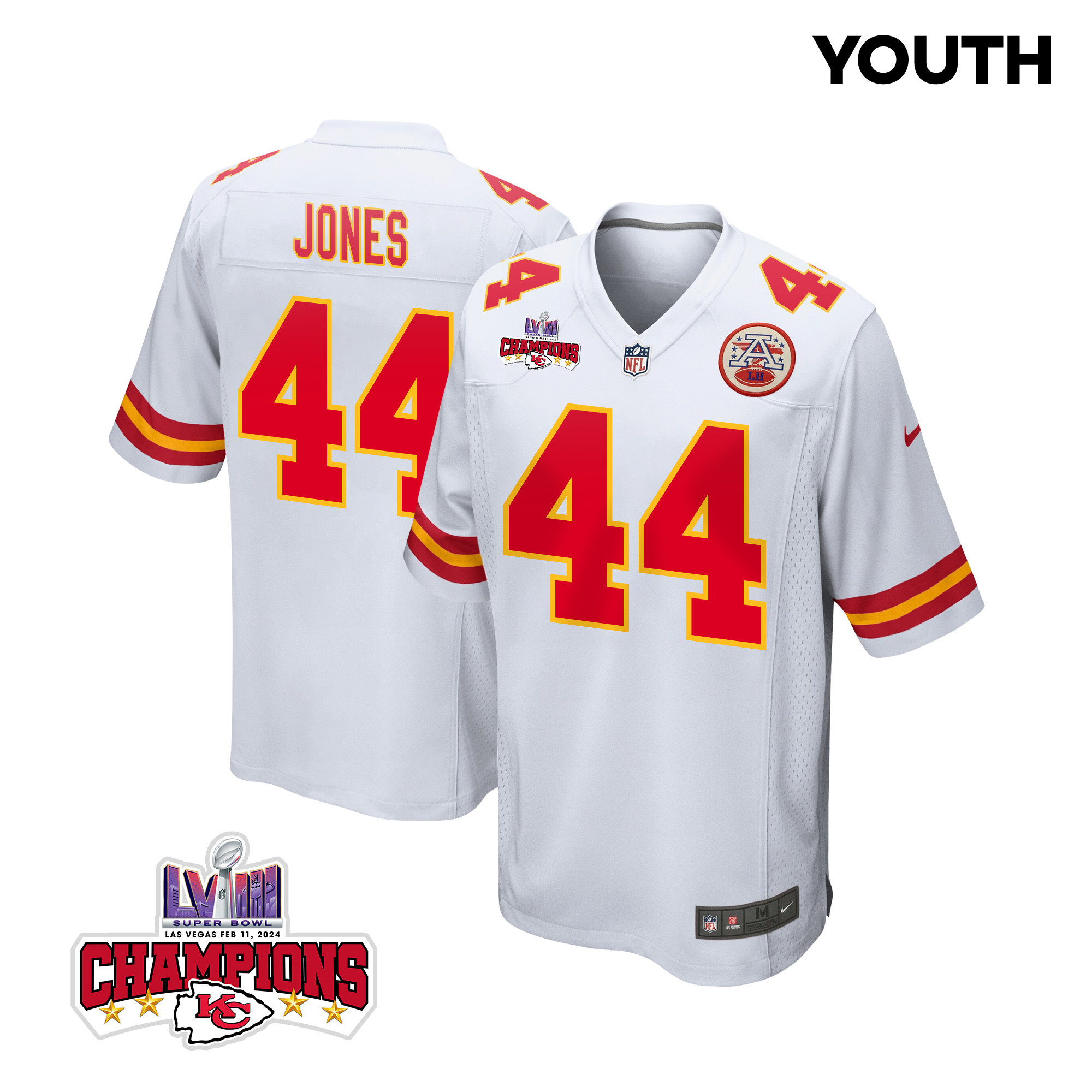 Cam Jones 44 Kansas City Chiefs Super Bowl LVIII Champions 4 Stars Patch Game YOUTH Jersey - White JS8859 nicesnker