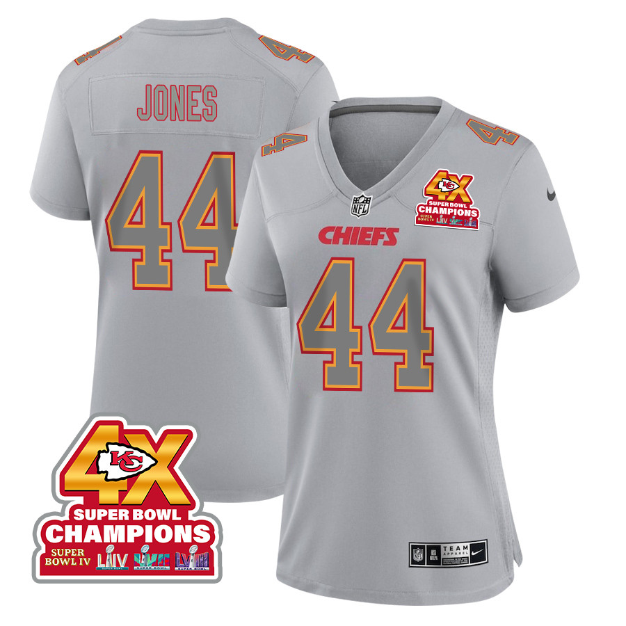Cam Jones 44 Kansas City Chiefs Super Bowl LVIII Champions 4X Atmosphere Fashion Game Women Jersey - Gray JS7037 nicesnker