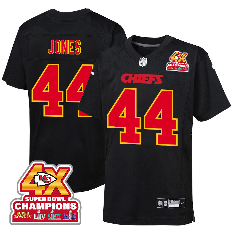 Cam Jones 44 Kansas City Chiefs Super Bowl LVIII Champions 4X Fashion Game YOUTH Jersey - Carbon Black JS3693 nicesnker