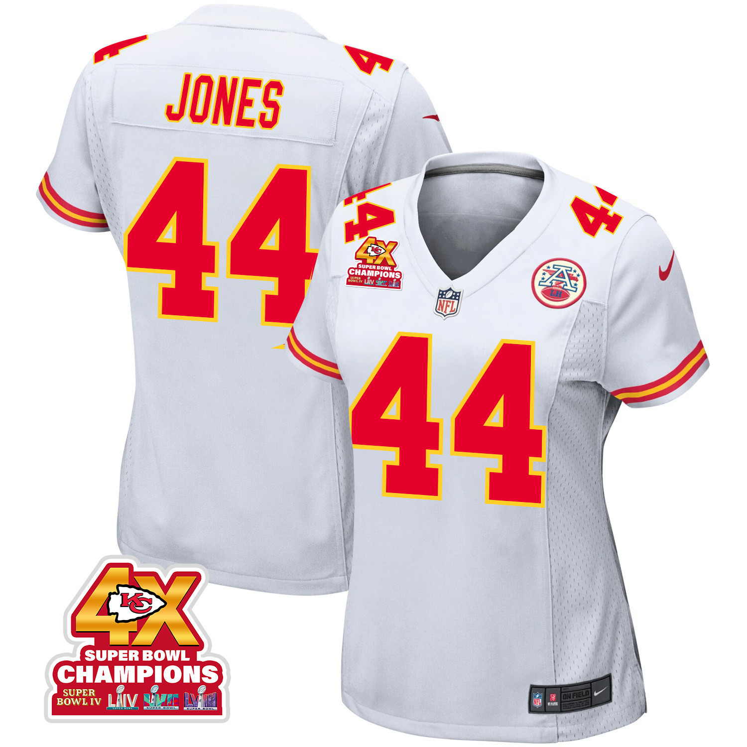Cam Jones 44 Kansas City Chiefs Super Bowl LVIII Champions 4X Game Women Jersey - White JS5008 nicesnker