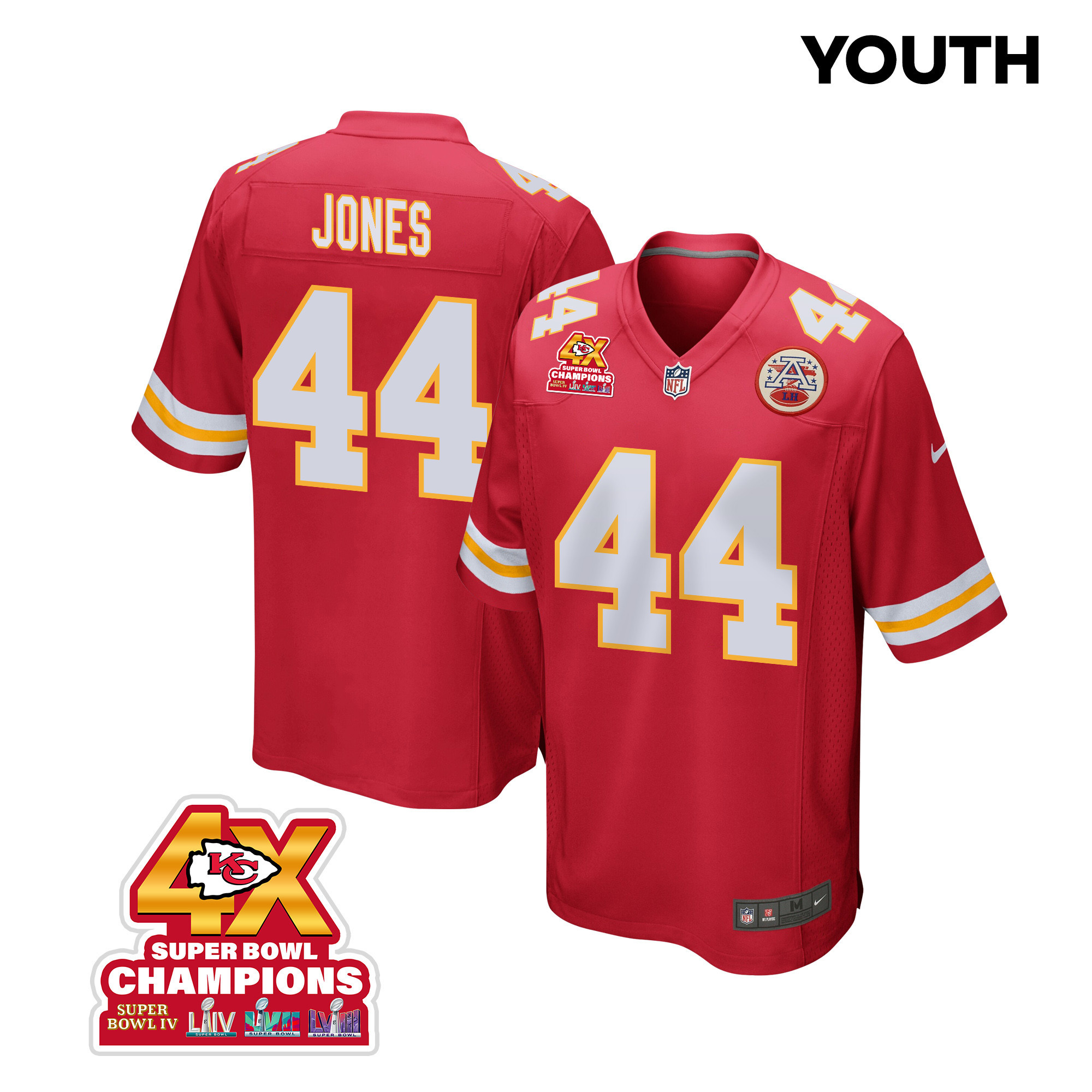 Cam Jones 44 Kansas City Chiefs Super Bowl LVIII Champions 4X Game YOUTH Jersey - Red JS5281 nicesnker