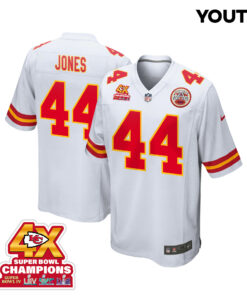 Cam Jones 44 Kansas City Chiefs Super Bowl LVIII Champions 4X Game YOUTH Jersey - White JS4420 nicesnker