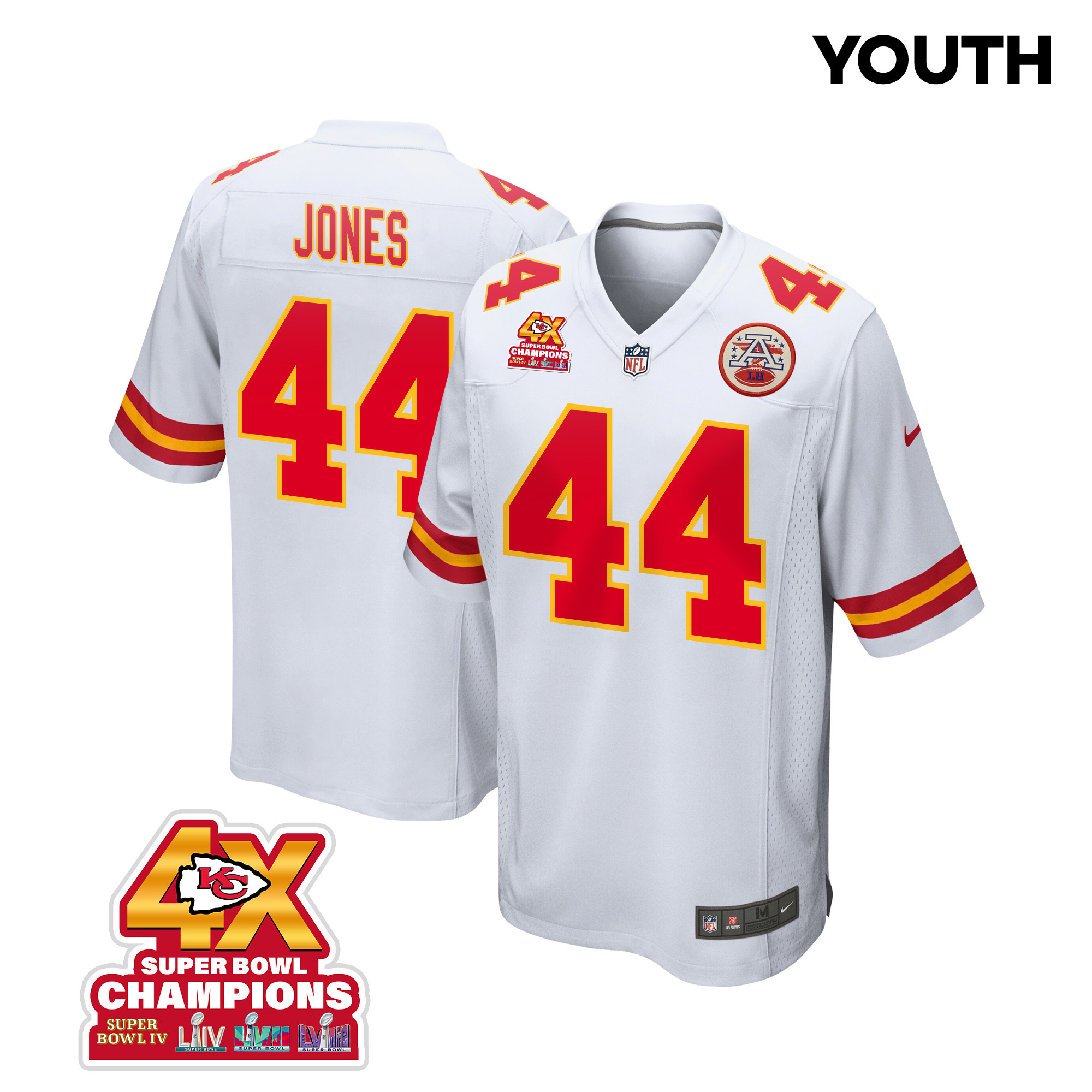 Cam Jones 44 Kansas City Chiefs Super Bowl LVIII Champions 4X Game YOUTH Jersey - White JS4420 nicesnker