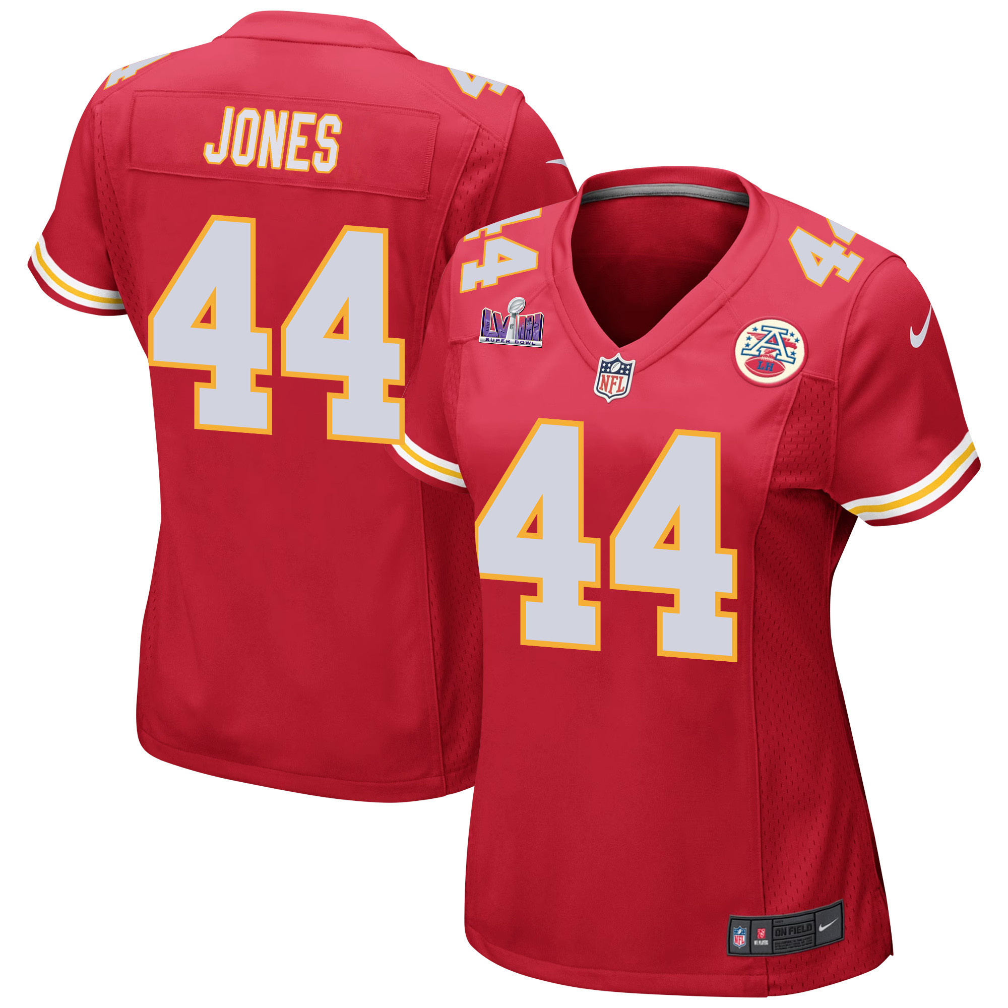 Cam Jones 44 Kansas City Chiefs Super Bowl LVIII Patch Game Women Jersey - Red JS4294 nicesnker