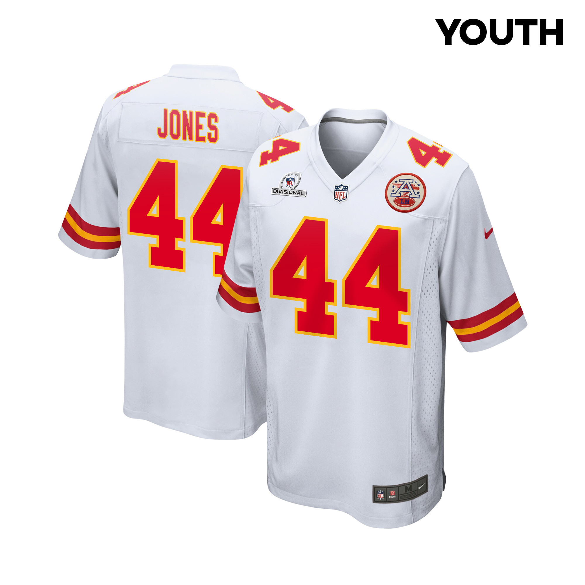 Cam Jones 44 Kansas City Chiefs Super Bowl LVIII Patch Game YOUTH Jersey - White JS1281 nicesnker