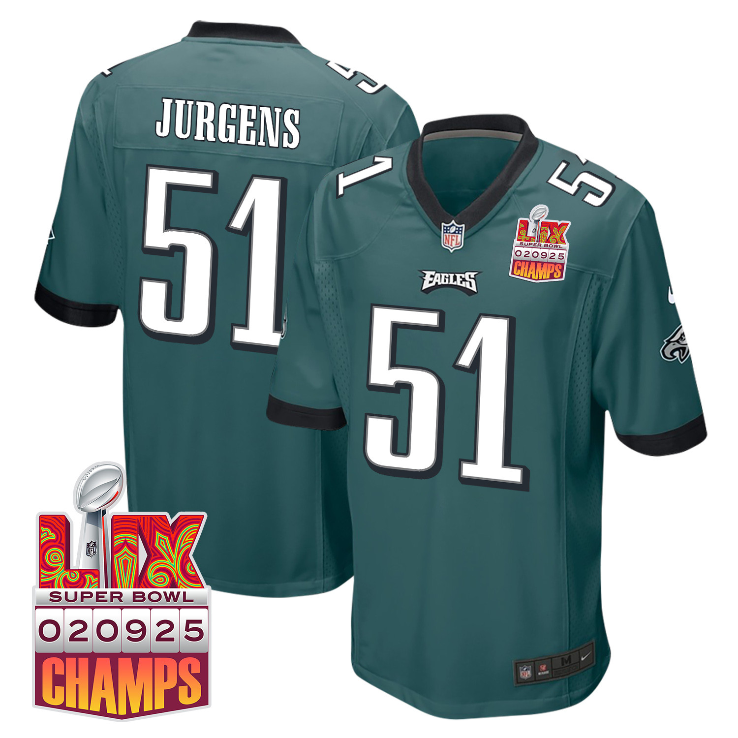 Cam Jurgens 51 Philadelphia Eagles Super Bowl LIX Champions Patch Game Men Jersey - Midnight Green JS1584 nicesnker