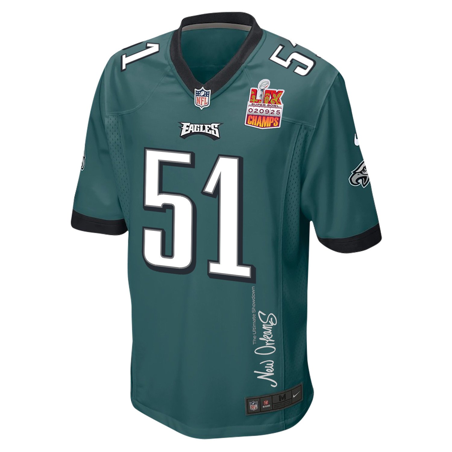 Cam Jurgens 51 Philadelphia Eagles Super Bowl LIX Champions Patch 'New Orleans - The Ultimate Showdown' EMBROIDERED Game Men Jersey - Midnight Green JS7453 nicesnker - Image 3