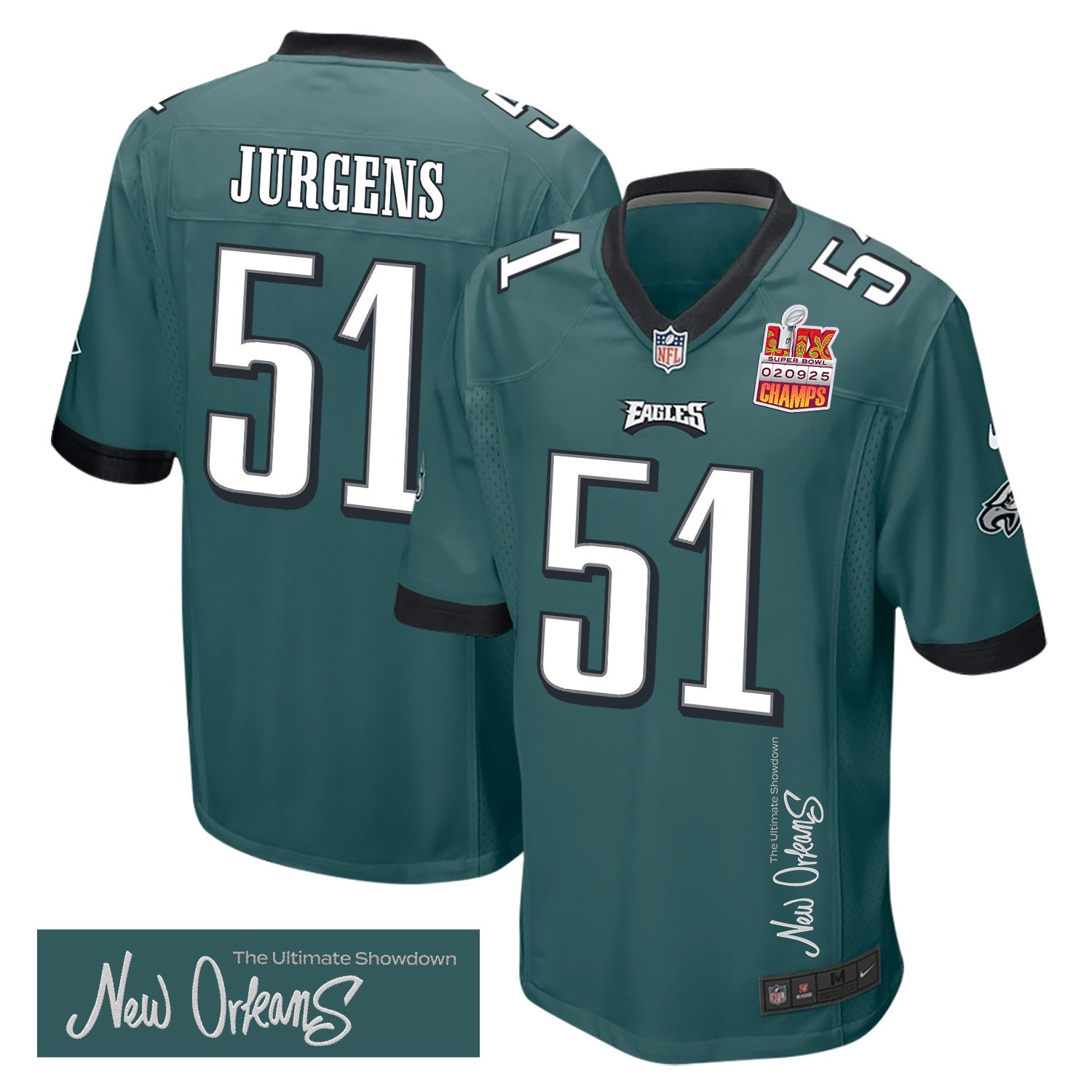 Cam Jurgens 51 Philadelphia Eagles Super Bowl LIX Champions Patch 'New Orleans - The Ultimate Showdown' EMBROIDERED Game Men Jersey - Midnight Green JS7453 nicesnker