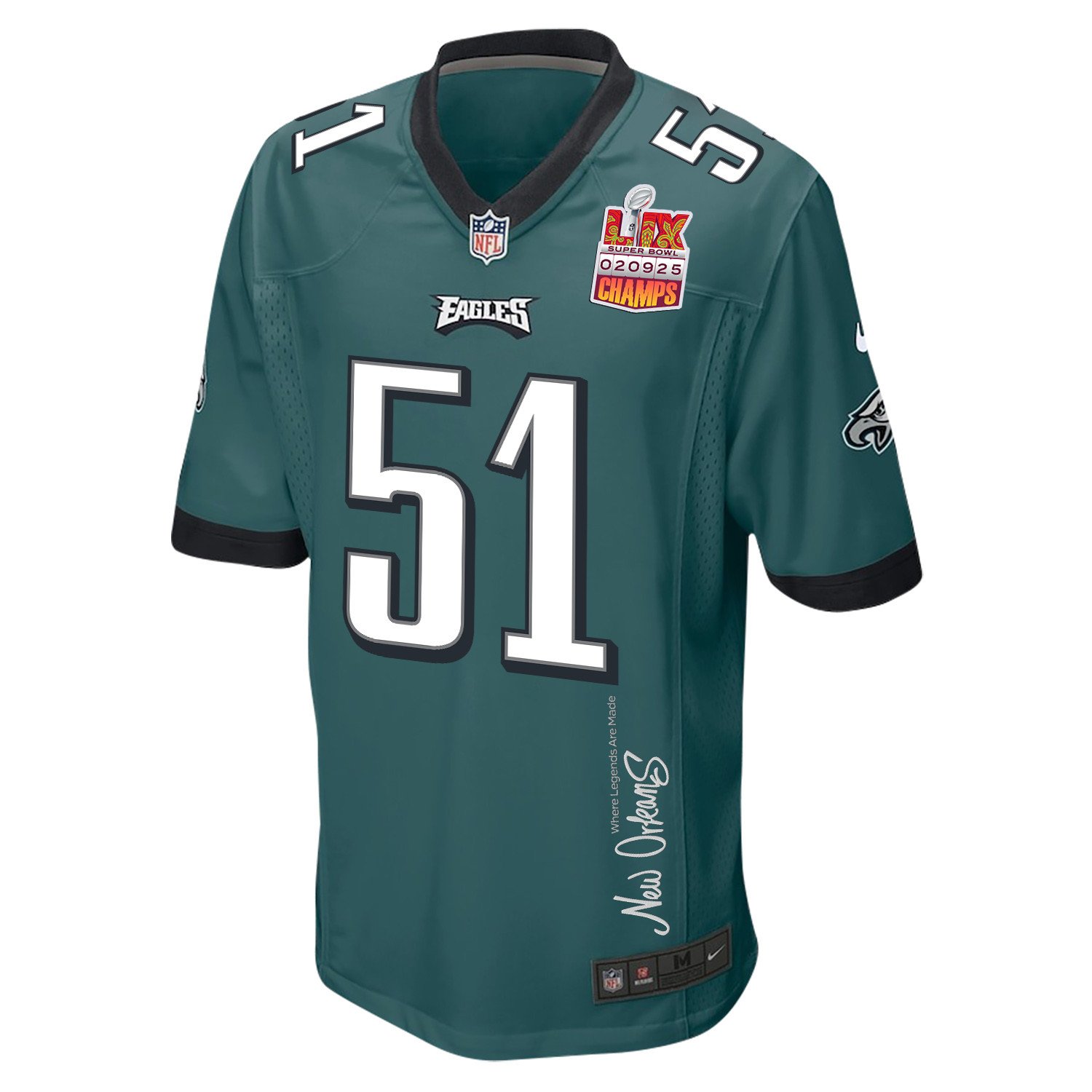 Cam Jurgens 51 Philadelphia Eagles Super Bowl LIX Champions Patch 'New Orleans - Where Legends Are Made' EMBROIDERED Game Men Jersey - Midnight Green JS6507 nicesnker - Image 3