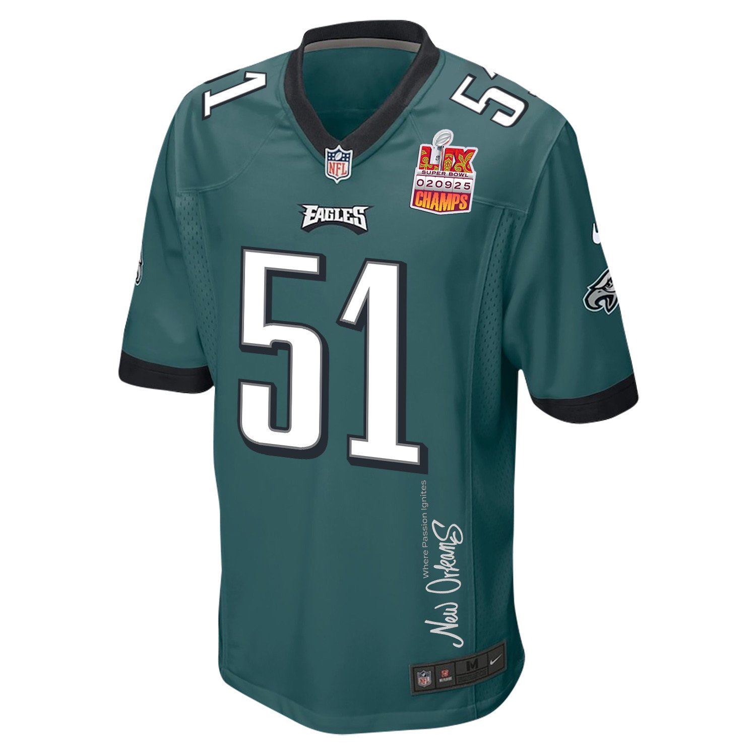 Cam Jurgens 51 Philadelphia Eagles Super Bowl LIX Champions Patch 'New Orleans - Where Passion Ignites' EMBROIDERED Game Men Jersey - Midnight Green JS9627 nicesnker - Image 3