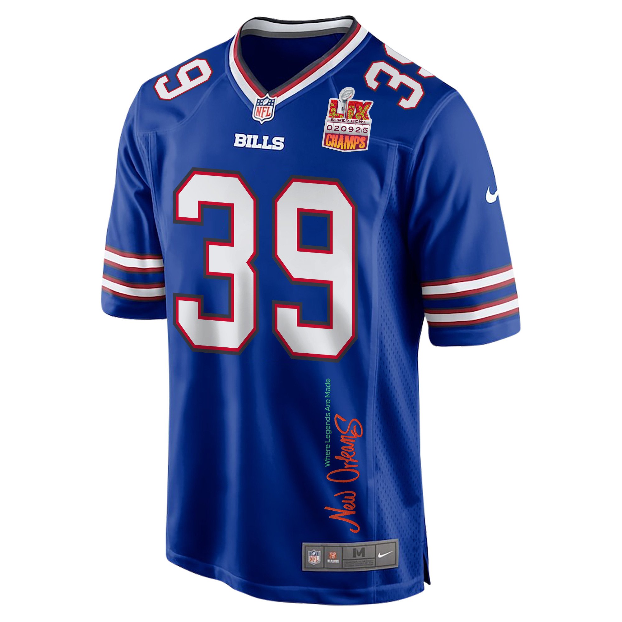 Cam Lewis 39 Buffalo Bills Super Bowl LIX Champions Patch 'New Orleans - Where Legends Are Made' EMBROIDERED Game Men Jersey - Royal JS2861 nicesnker - Image 3