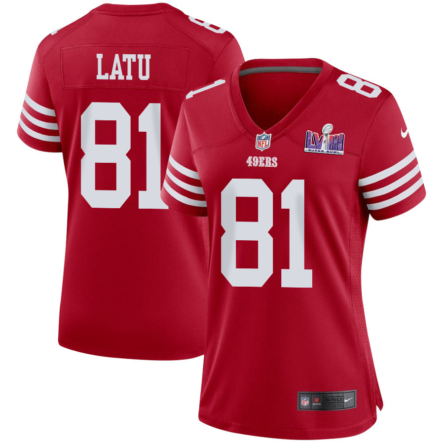 Cameron Latu 81 San Francisco 49ers Super Bowl LVIII Patch Game Women Jersey - Scarlet JS6915 nicesnker