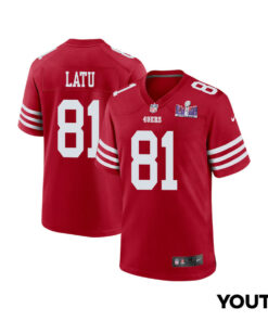 Cameron Latu 81 San Francisco 49ers Super Bowl LVIII Patch Game YOUTH Jersey - Scarlet JS6151 nicesnker