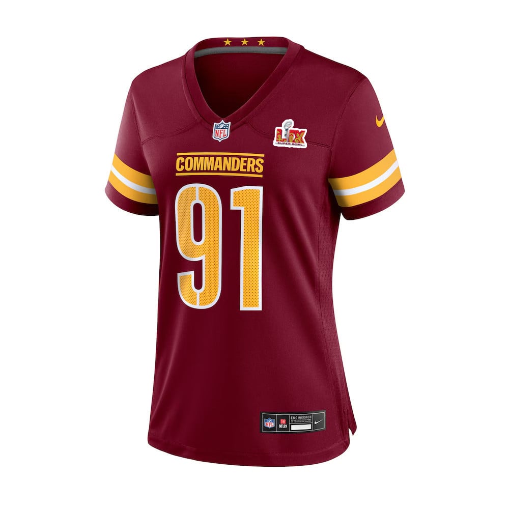Carl Davis Jr. #91 Washington Commanders Super Bowl LIX Women's Jersey - Burgundy JS9431 nicesnker - Image 2