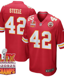 Carson Steele 42 Kansas City Chiefs Super Bowl LIX Champions Patch Game Men Jersey - Red JS3032 nicesnker