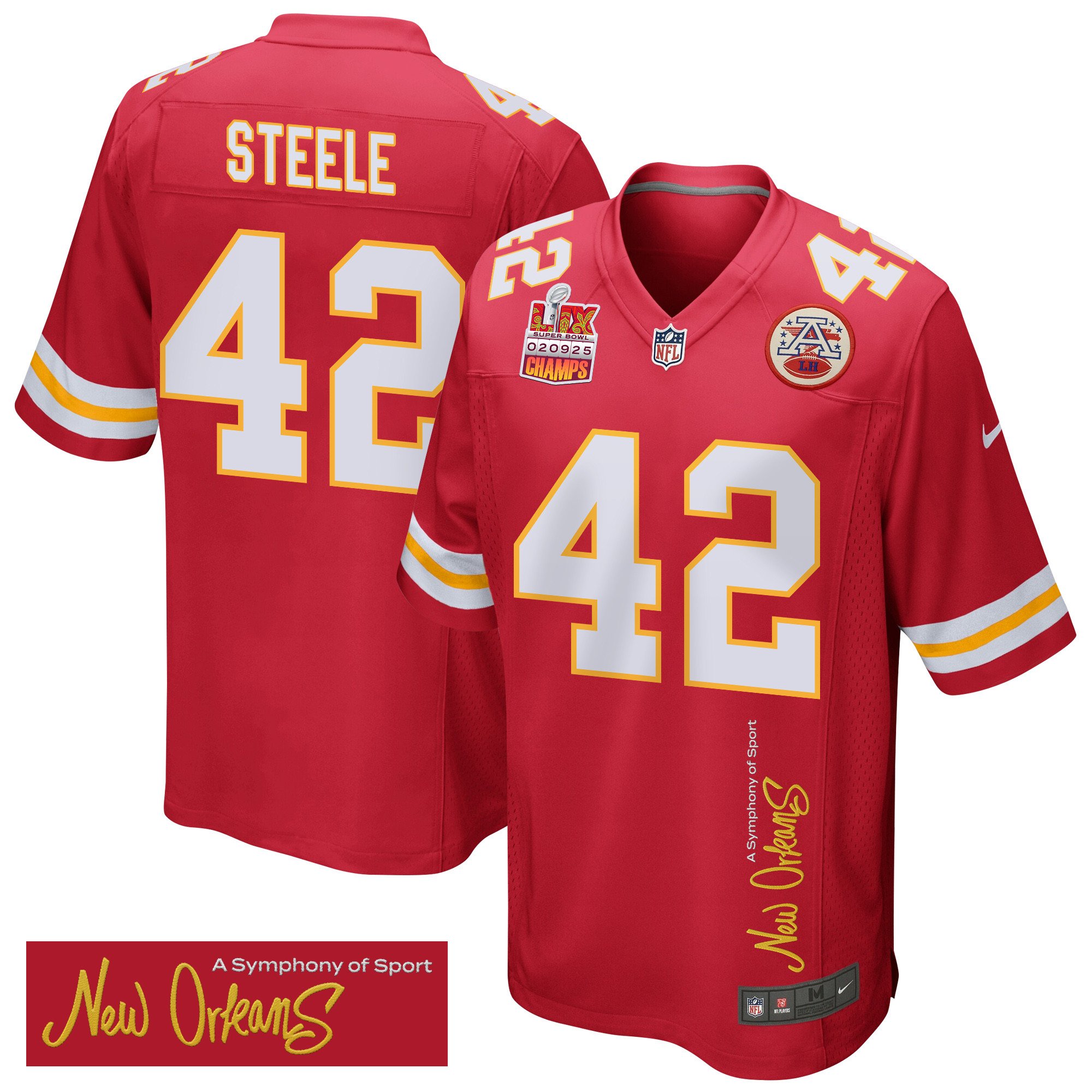 Carson Steele 42 Kansas City Chiefs Super Bowl LIX Champions Patch 'New Orleans - A Symphony of Sport' EMBROIDERED Game Men Jersey - Red JS4422 nicesnker