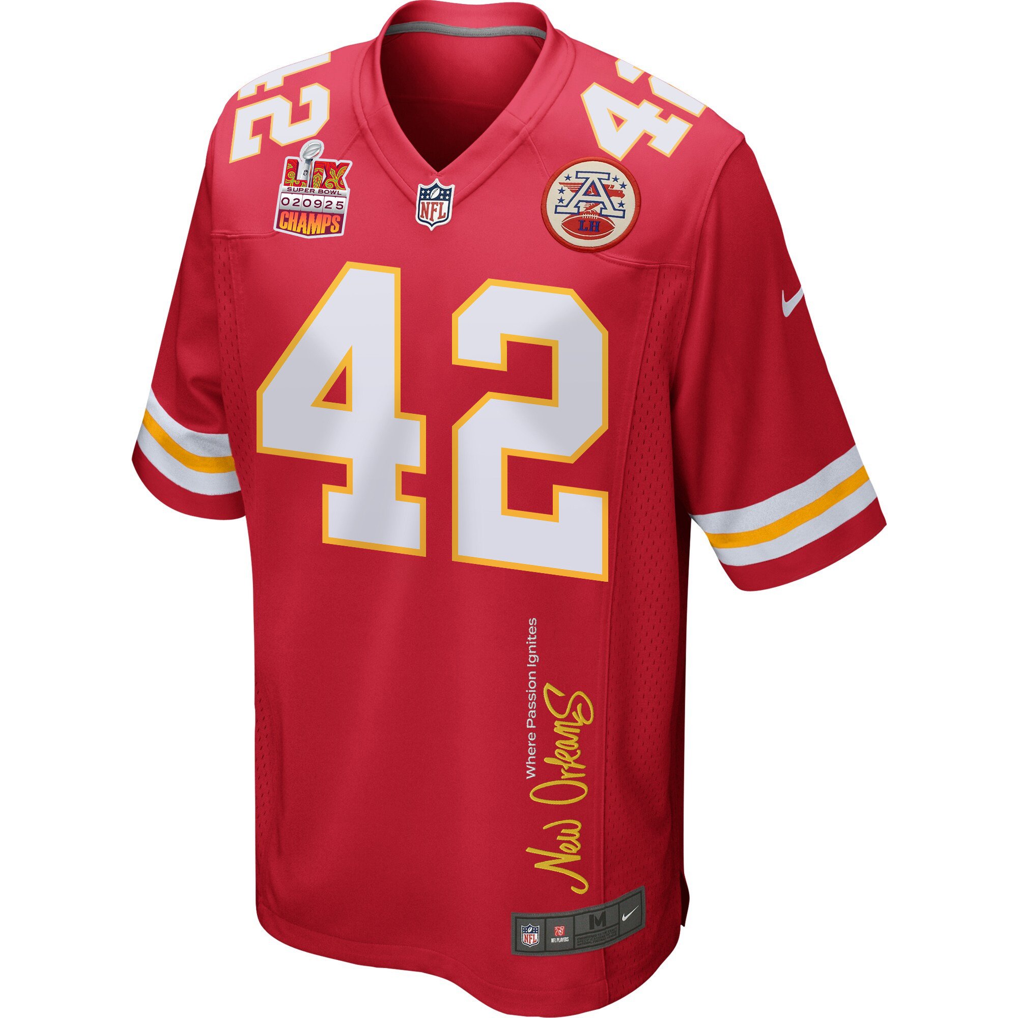 Carson Steele 42 Kansas City Chiefs Super Bowl LIX Champions Patch 'New Orleans - Where Passion Ignites' EMBROIDERED Game Men Jersey - Red JS1623 nicesnker - Image 3