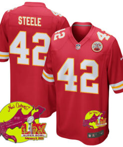 Carson Steele 42 Kansas City Chiefs Super Bowl LIX New Orleans Patch Game Men Jersey - Red JS9471 nicesnker