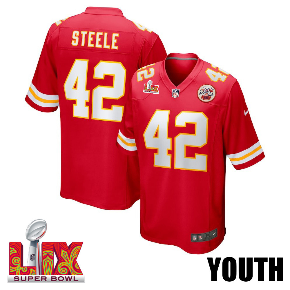Carson Steele #42 Kansas City Chiefs Super Bowl LIX YOUTH Jersey - Red JS5988 nicesnker