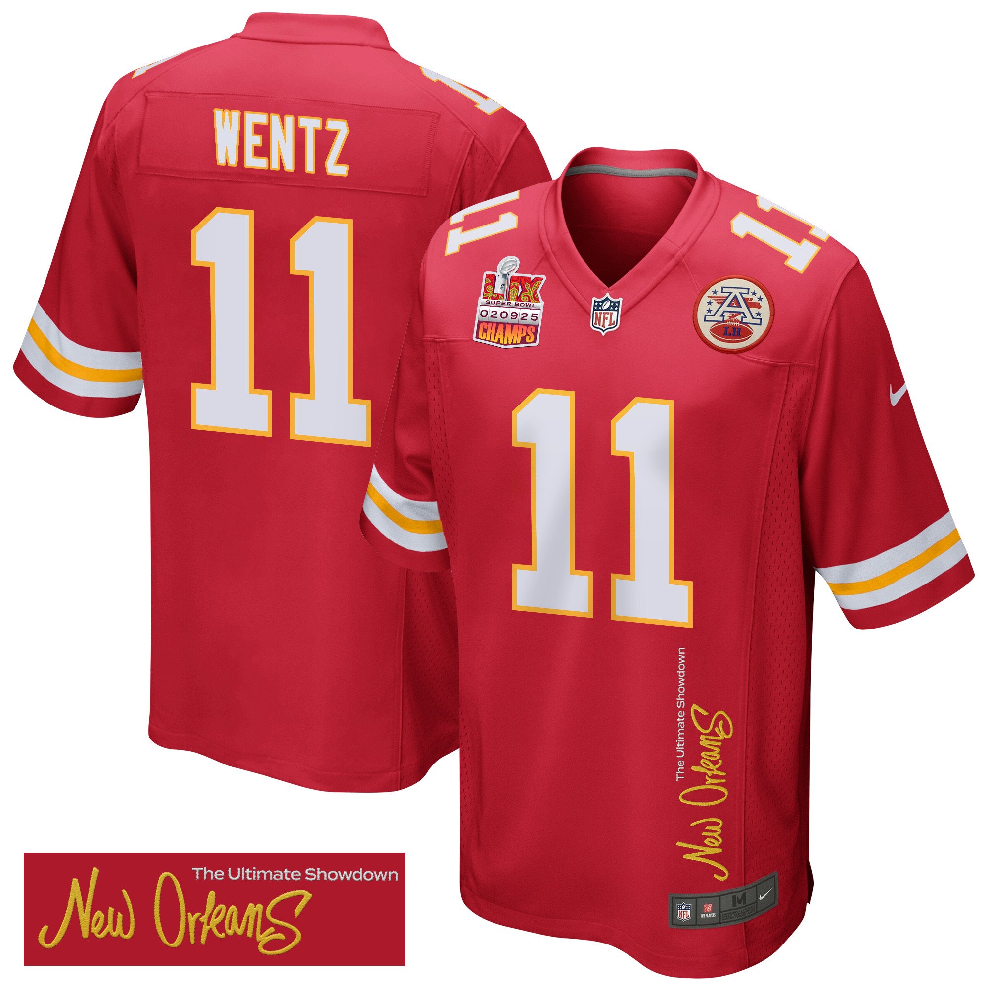 Carson Wentz 11 Kansas City Chiefs Super Bowl LIX Champions Patch 'New Orleans - The Ultimate Showdown' EMBROIDERED Game Men Jersey - Red JS3667 nicesnker