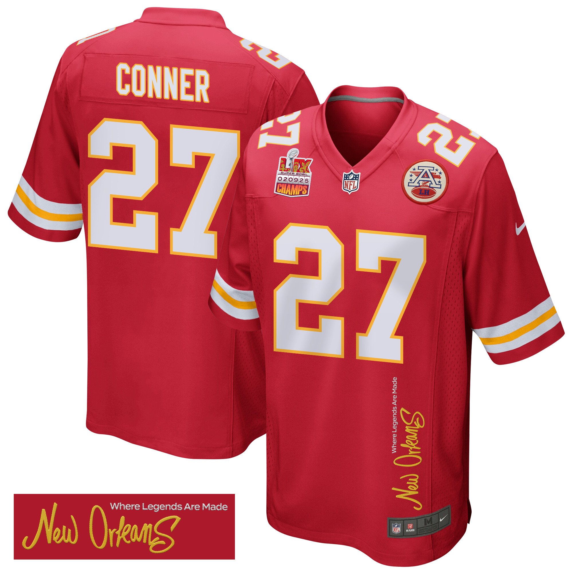 Chamarri Conner 27 Kansas City Chiefs Super Bowl LIX Champions Patch 'New Orleans - Where Legends Are Made' EMBROIDERED Game Men Jersey - Red JS9227 nicesnker