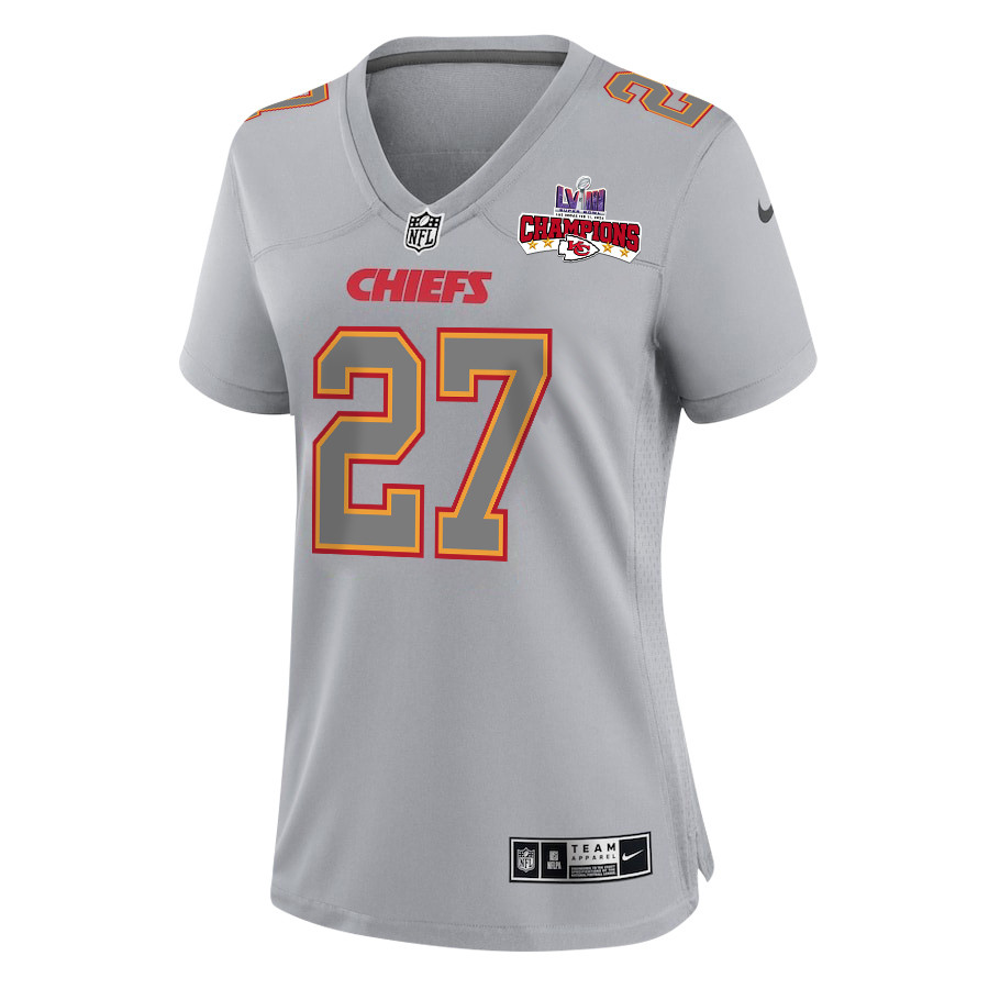 Chamarri Conner 27 Kansas City Chiefs Super Bowl LVIII Champions 4 Stars Patch Atmosphere Fashion Game Women Jersey - Gray JS5488 nicesnker - Image 2