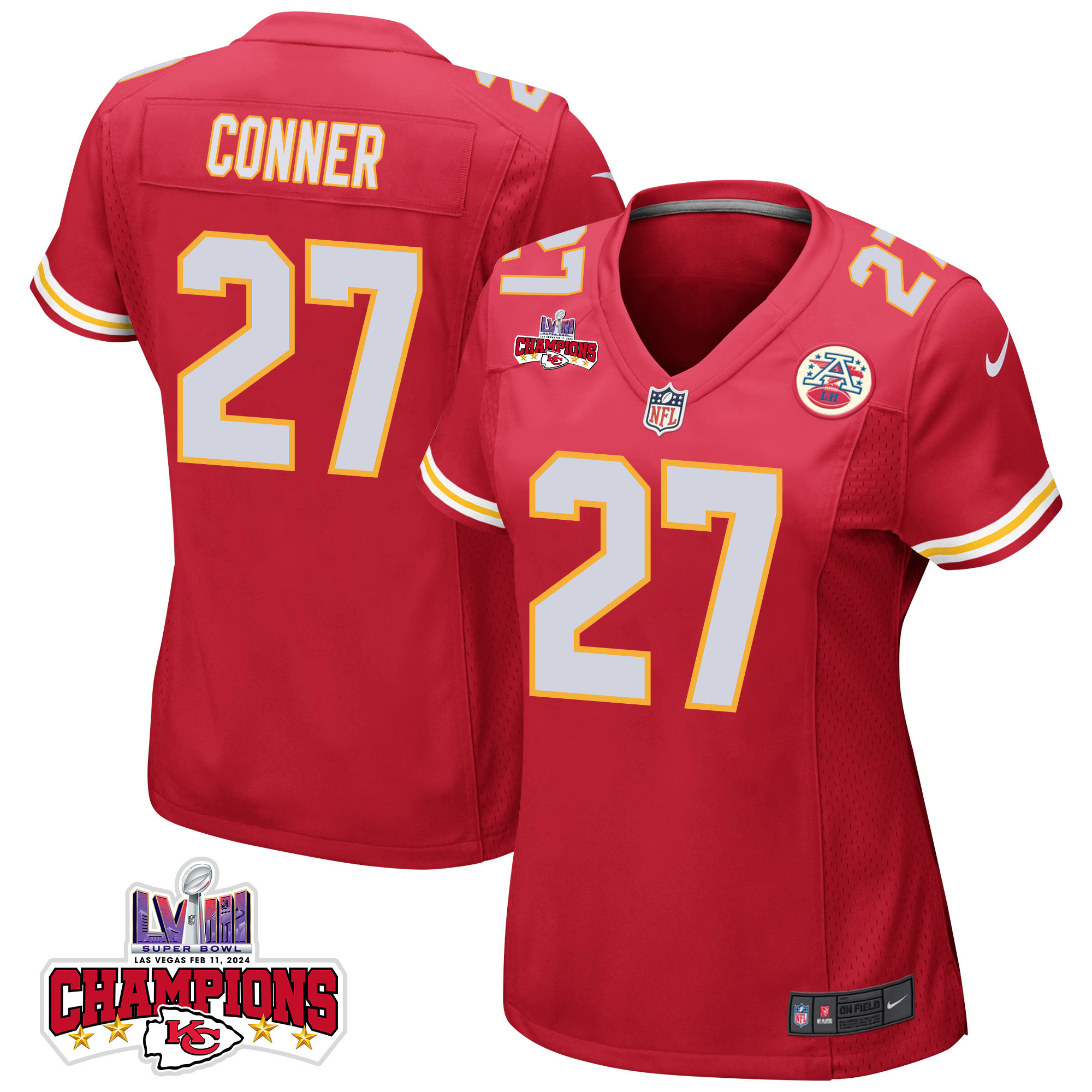 Chamarri Conner 27 Kansas City Chiefs Super Bowl LVIII Champions 4 Stars Patch Game Women Jersey - Red JS9886 nicesnker