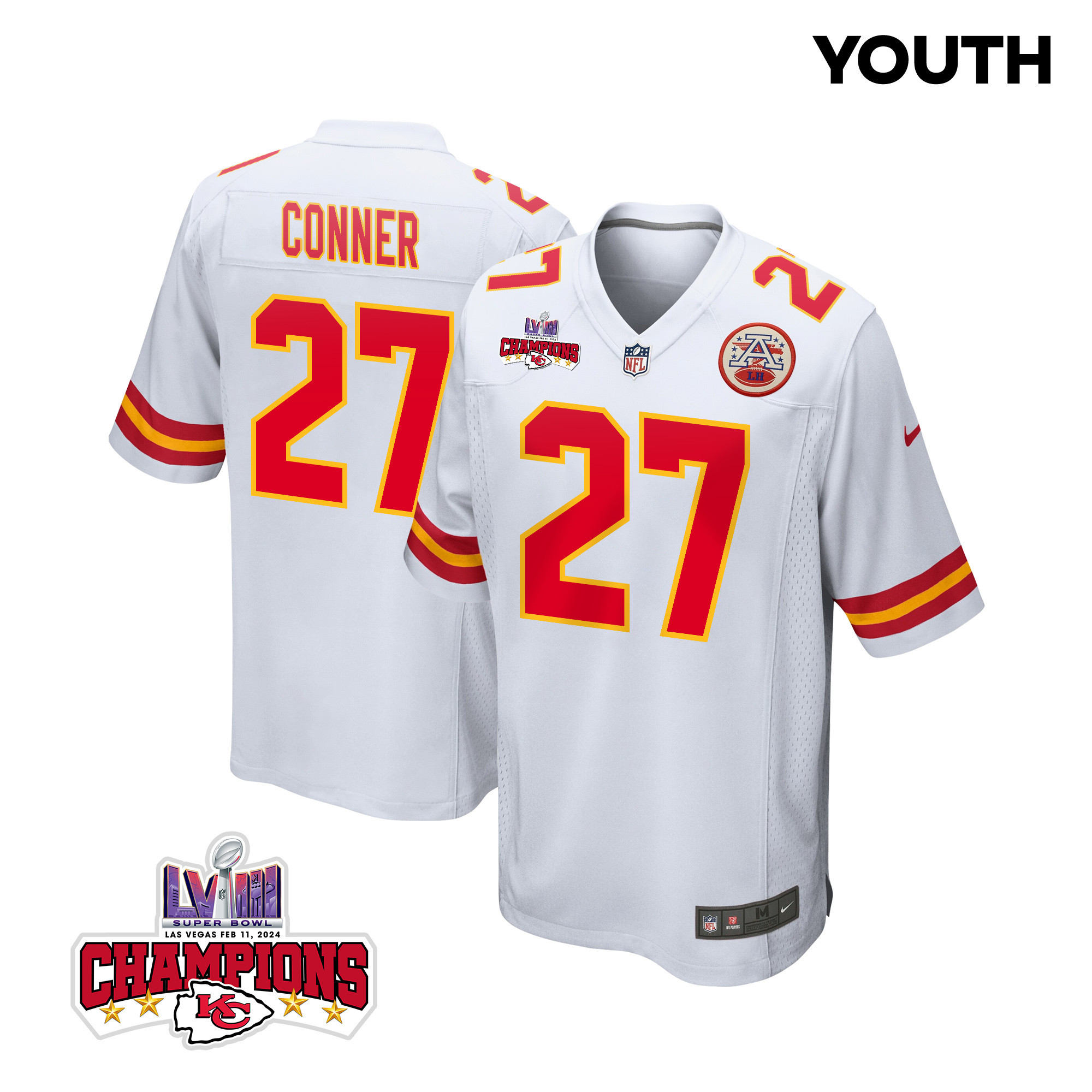 Chamarri Conner 27 Kansas City Chiefs Super Bowl LVIII Champions 4 Stars Patch Game YOUTH Jersey - White JS5268 nicesnker