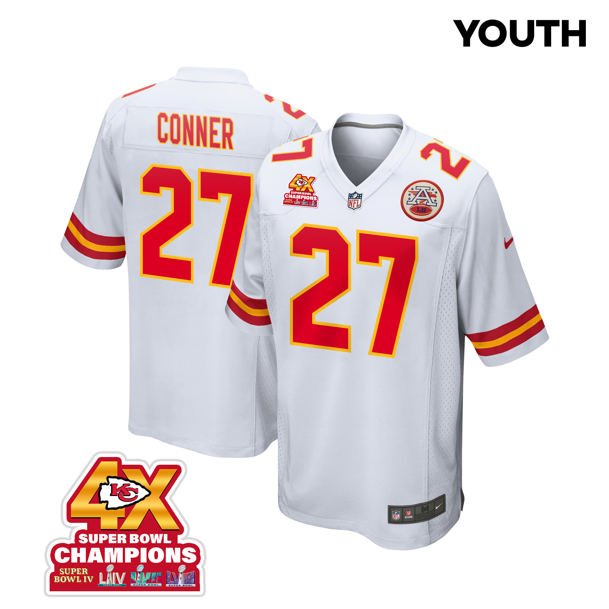Chamarri Conner 27 Kansas City Chiefs Super Bowl LVIII Champions 4X Game YOUTH Jersey - White JS9939 nicesnker