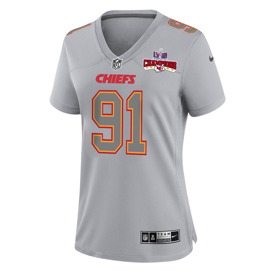 Charles Omenihu 90 Kansas City Chiefs Super Bowl LVIII Champions 4 Stars Patch Atmosphere Fashion Game Women Jersey - Gray JS1219 nicesnker - Image 2