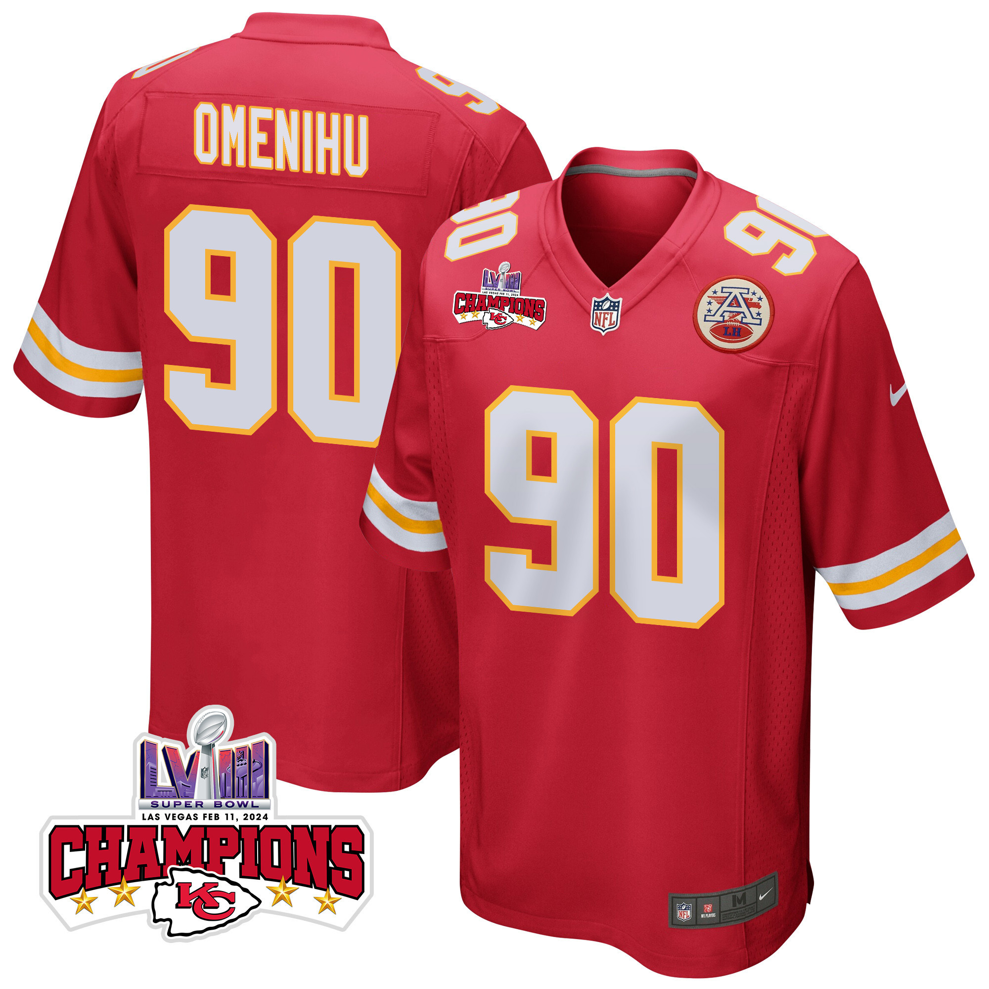 Charles Omenihu 90 Kansas City Chiefs Super Bowl LVIII Champions 4 Stars Patch Game Men Jersey - Red JS2814 nicesnker