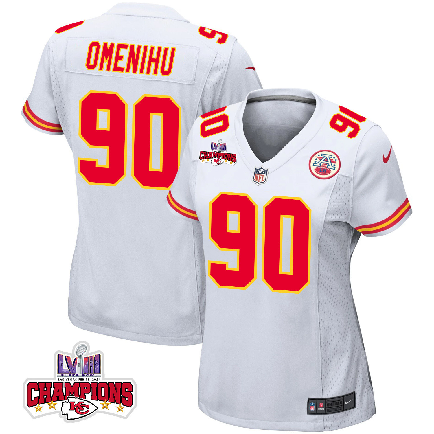 Charles Omenihu 90 Kansas City Chiefs Super Bowl LVIII Champions 4 Stars Patch Game Women Jersey - White JS7404 nicesnker