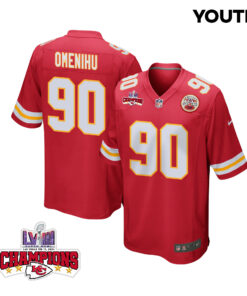 Charles Omenihu 90 Kansas City Chiefs Super Bowl LVIII Champions 4 Stars Patch Game YOUTH Jersey - Red JS6803 nicesnker