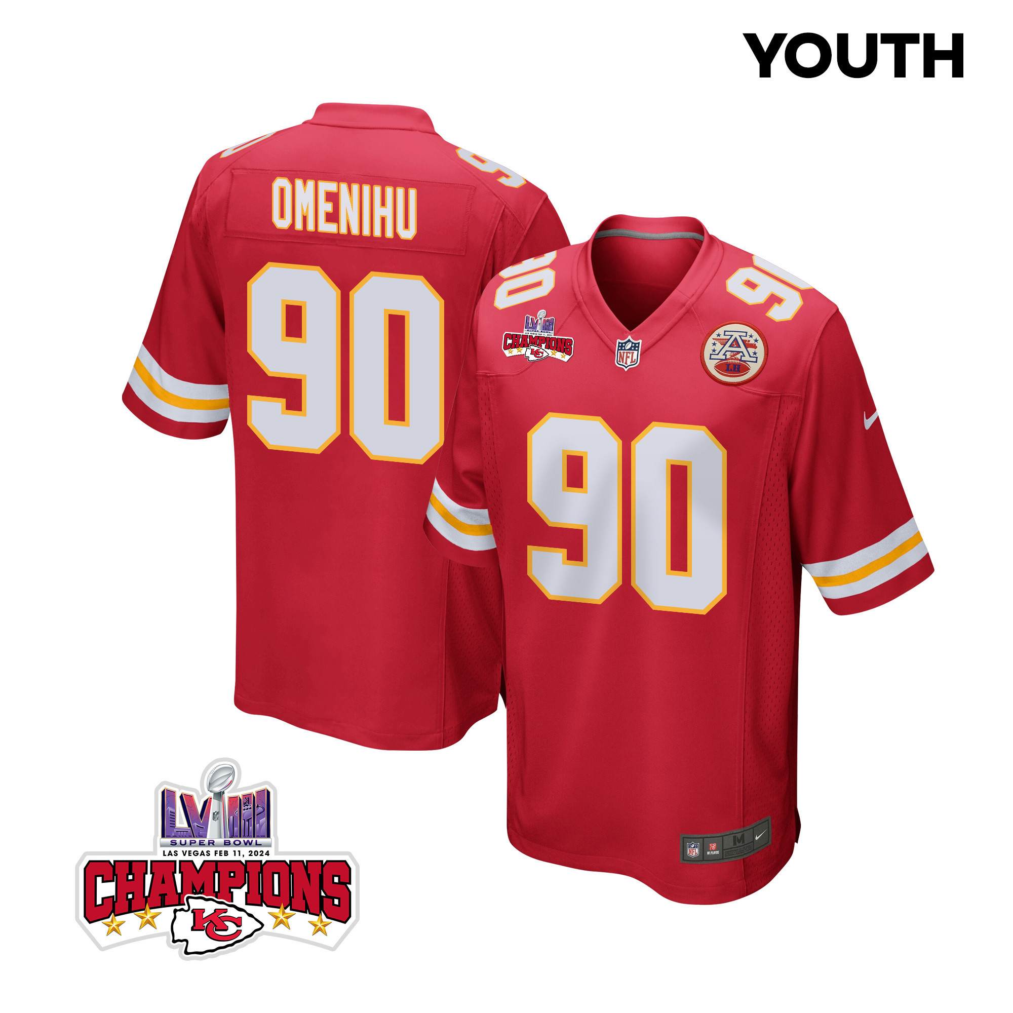 Charles Omenihu 90 Kansas City Chiefs Super Bowl LVIII Champions 4 Stars Patch Game YOUTH Jersey - Red JS6803 nicesnker