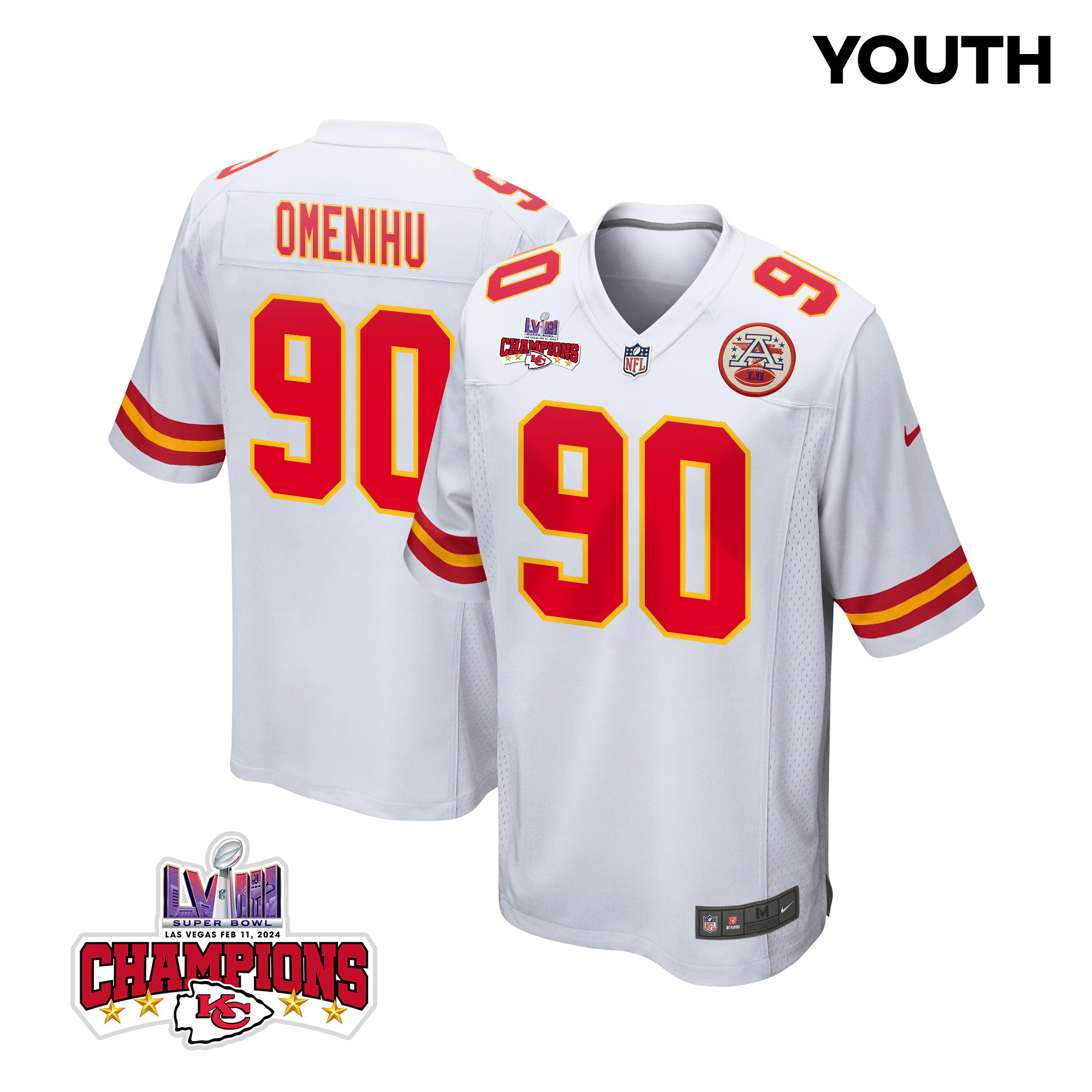 Charles Omenihu 90 Kansas City Chiefs Super Bowl LVIII Champions 4 Stars Patch Game YOUTH Jersey - White JS6952 nicesnker