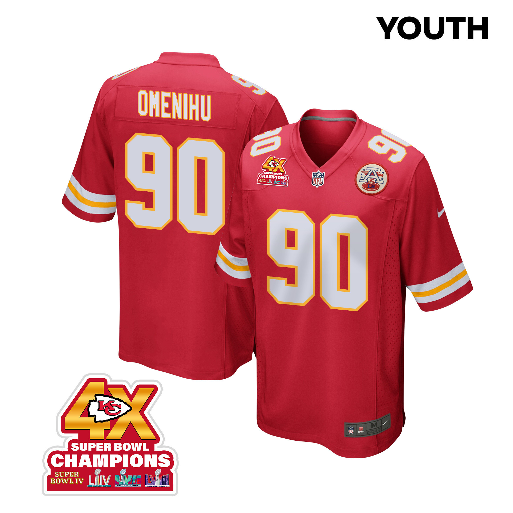 Charles Omenihu 90 Kansas City Chiefs Super Bowl LVIII Champions 4X Game YOUTH Jersey - Red JS7040 nicesnker