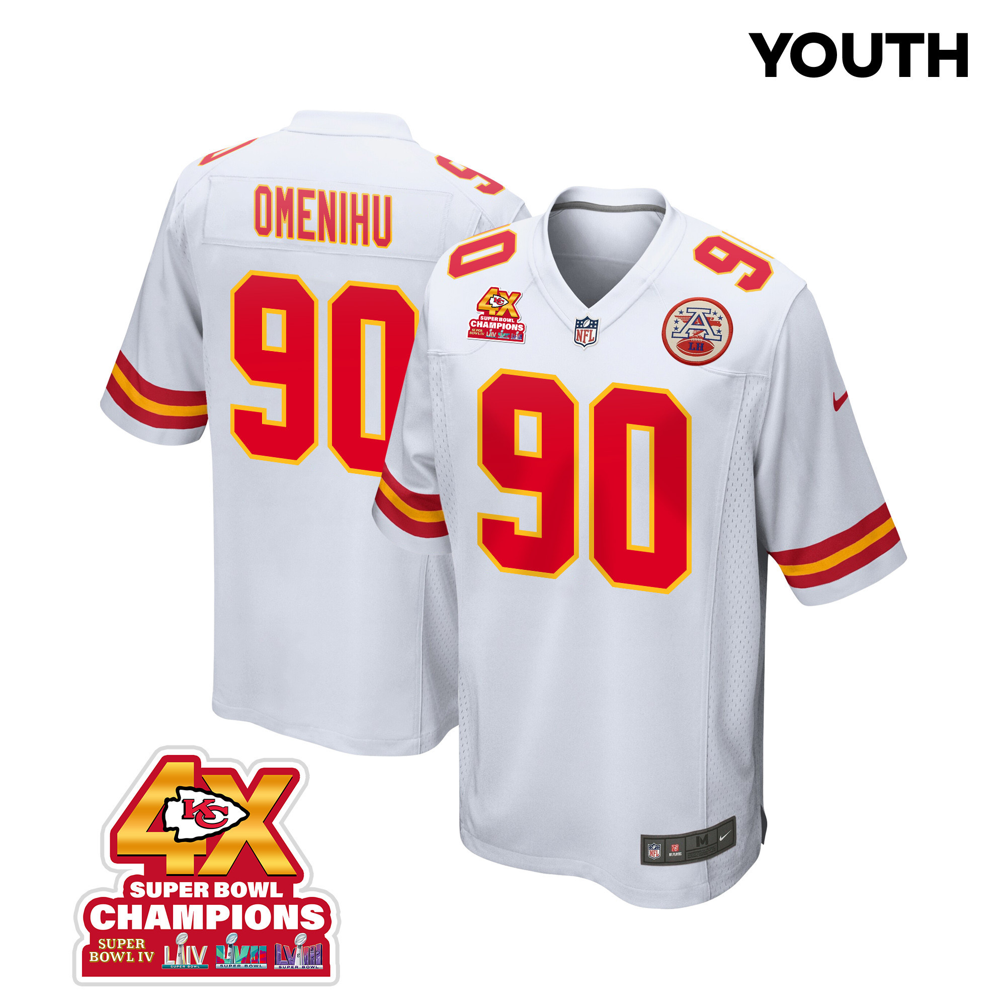 Charles Omenihu 90 Kansas City Chiefs Super Bowl LVIII Champions 4X Game YOUTH Jersey - White JS8166 nicesnker