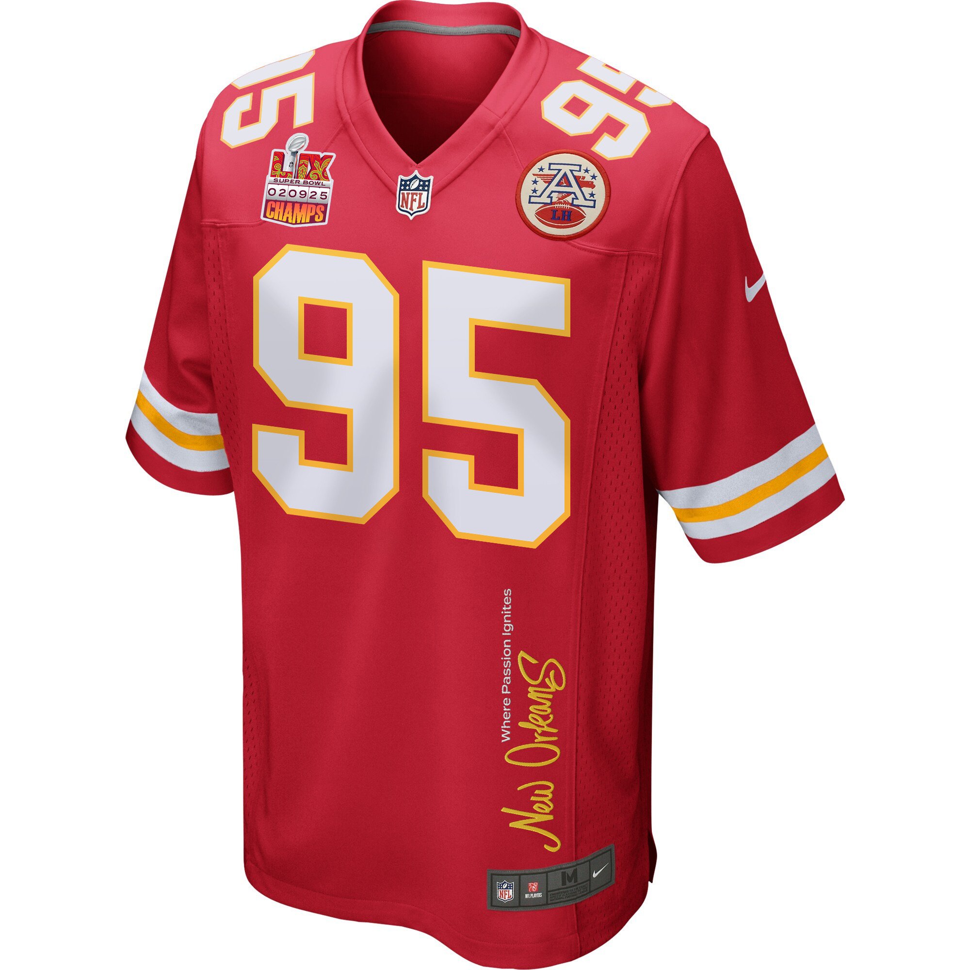 Chris Jones 95 Kansas City Chiefs Super Bowl LIX Champions Patch 'New Orleans - Where Passion Ignites' EMBROIDERED Game Men Jersey - Red JS8621 nicesnker - Image 3